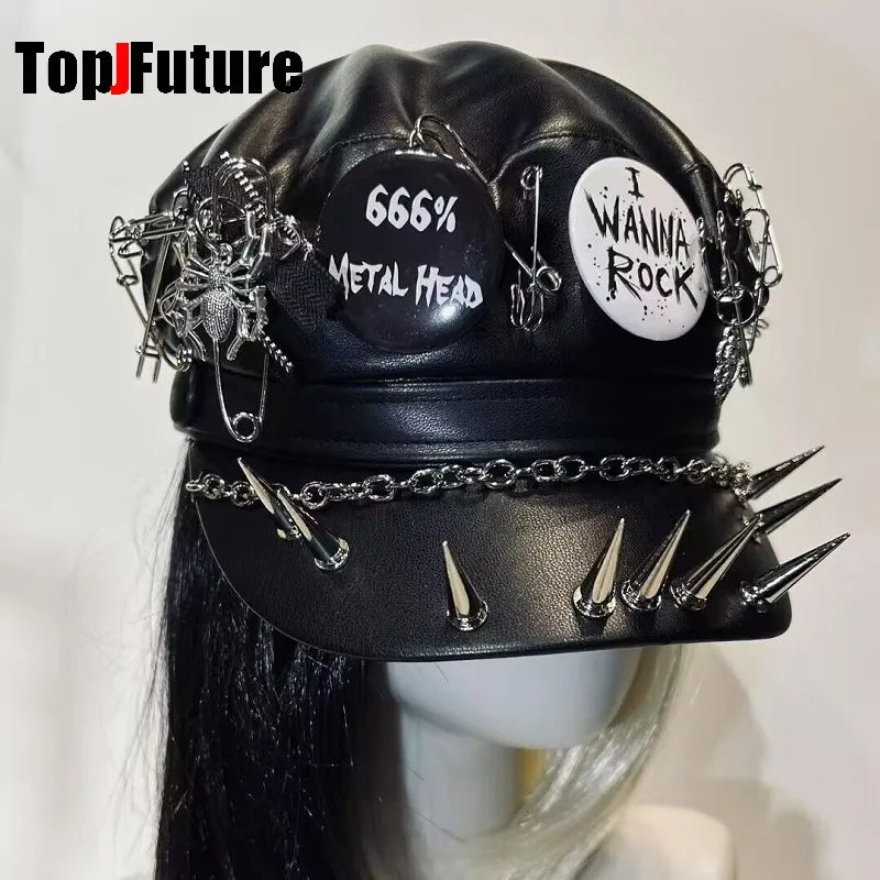 Women's Harajuku Gothic pu leather Steampunk rivet heavy metal Beret Hat Y2k Girls steampunk Streetwear Accessories Caps hat