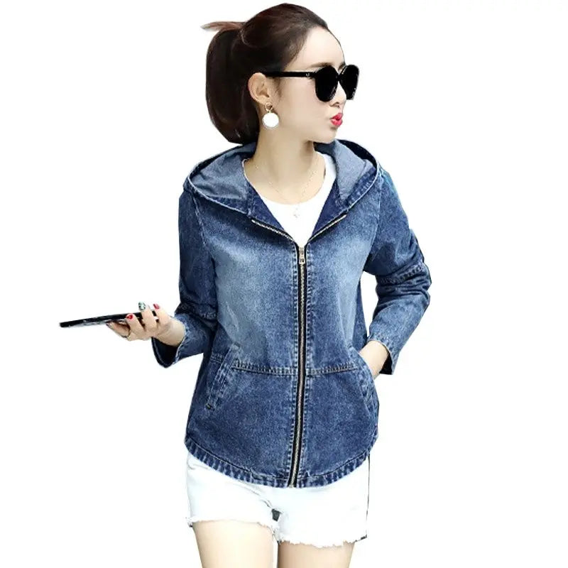 Hooded Denim Jacket Loose 2024 New Spring Autumn Women Long-sleeve Casual Tops Korean Student Short Jeans Coat Plus Size 3XL