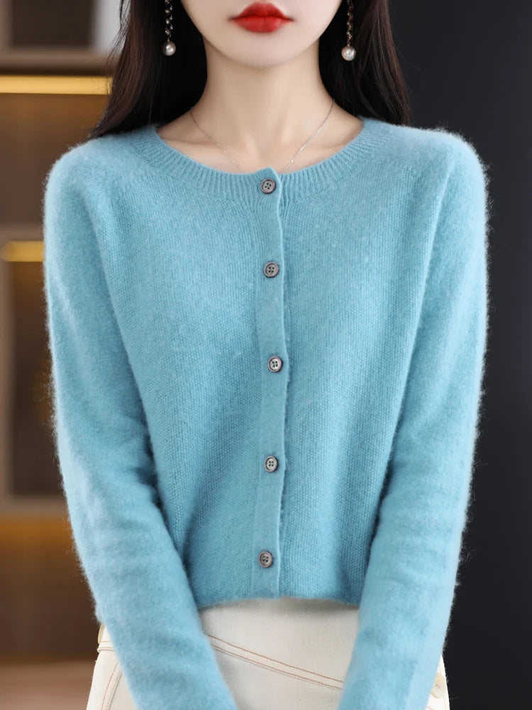 2024 New Chic Women's Basic O-neck Cardigan 100% Merino Wool Sweater Soft Grace Knitwear CoatSpring Autumn Female Clothes Tops