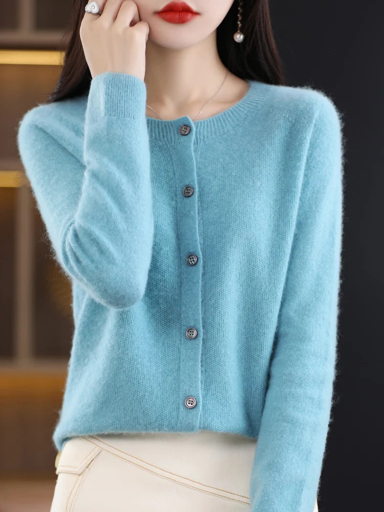 2024 New Chic Women's Basic O-neck Cardigan 100% Merino Wool Sweater Soft Grace Knitwear CoatSpring Autumn Female Clothes Tops