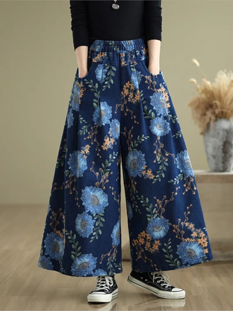 Jeans Fashion Flower Floral Print Woman Pants Elastic High Waist Autumn Pant Women Wide Leg Loose Pleated Ladies Trousers