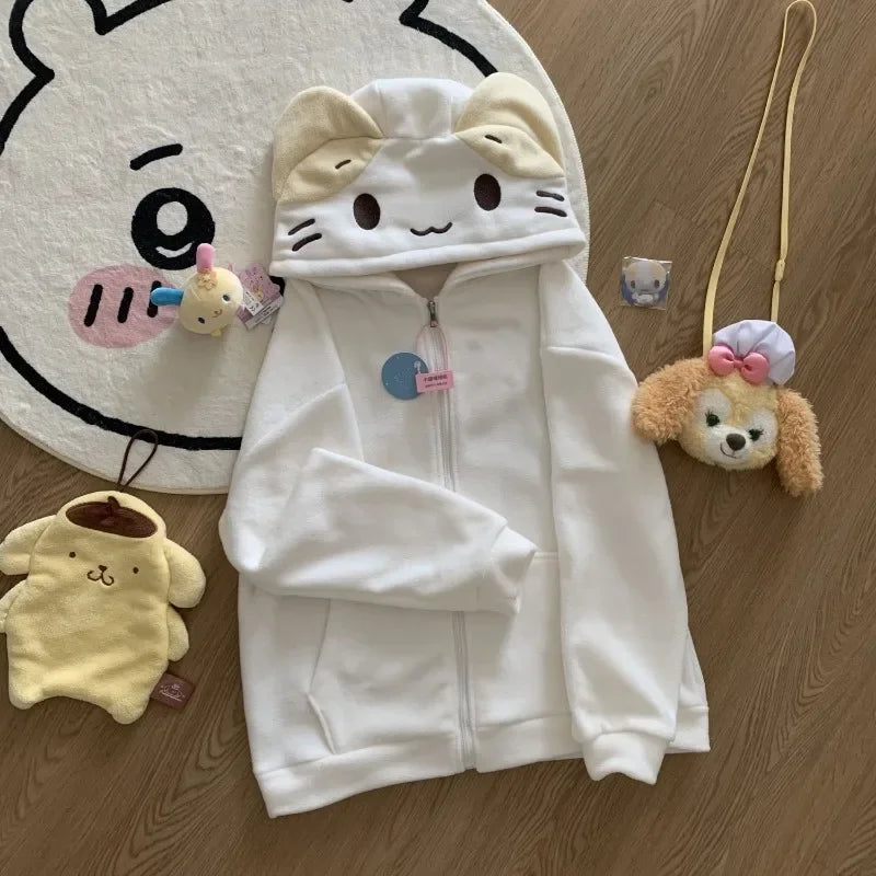 Casual Cartoon Deeptown Kawaii Lolita Style Women Fleece Hoodies Cutecore Oversize Japanese Soft Girl Zipper Sweatshirt Cardigan