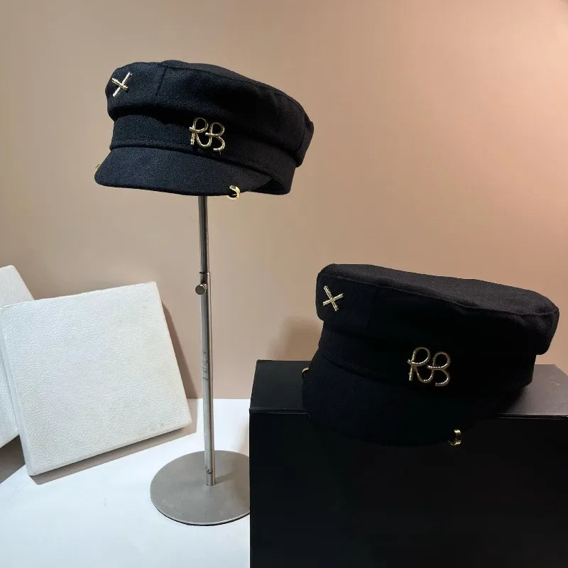 Luxury Designer Brand Wool Fabric Newsboy Caps for Women Letters Militray Hat Flat Top Cap Casual Gorras Visor Navy Hats Gorras