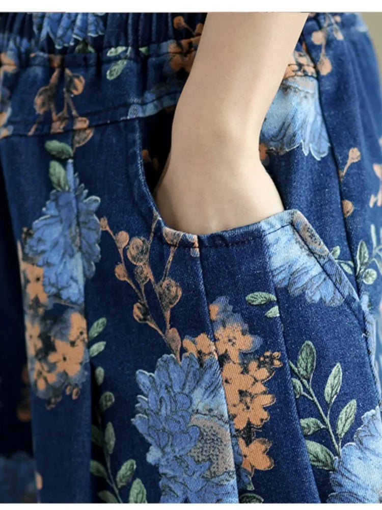 Jeans Fashion Flower Floral Print Woman Pants Elastic High Waist Autumn Pant Women Wide Leg Loose Pleated Ladies Trousers