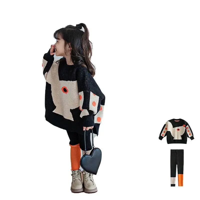 Sweaters Girls Children Clothing Thickening Warm Autumn Winter New Loose Two Piece Set Irregular Pattern Forking Cotton