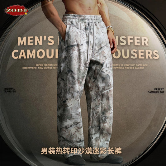 ZODF Autumn Winter Men 340gsm Fleece Straight Pants Unisex Baggy Branch Camouflage Printing Trousers Sweatpants HY1106