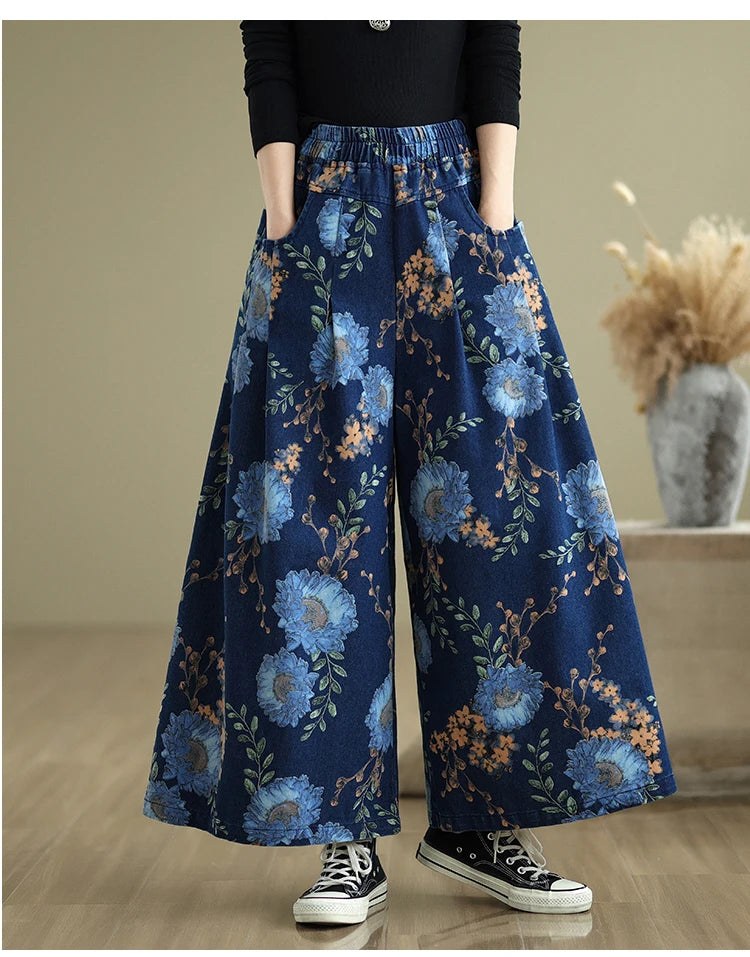 Jeans Fashion Flower Floral Print Woman Pants Elastic High Waist Autumn Pant Women Wide Leg Loose Pleated Ladies Trousers