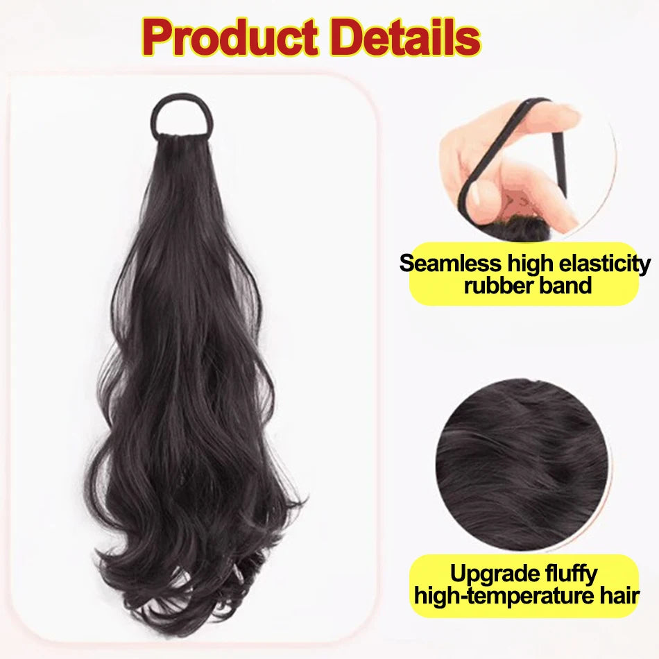 Long Curly Ponytail Hair Extensions with Elastic Band – Natural Dark Brown Synthetic Hair for Women