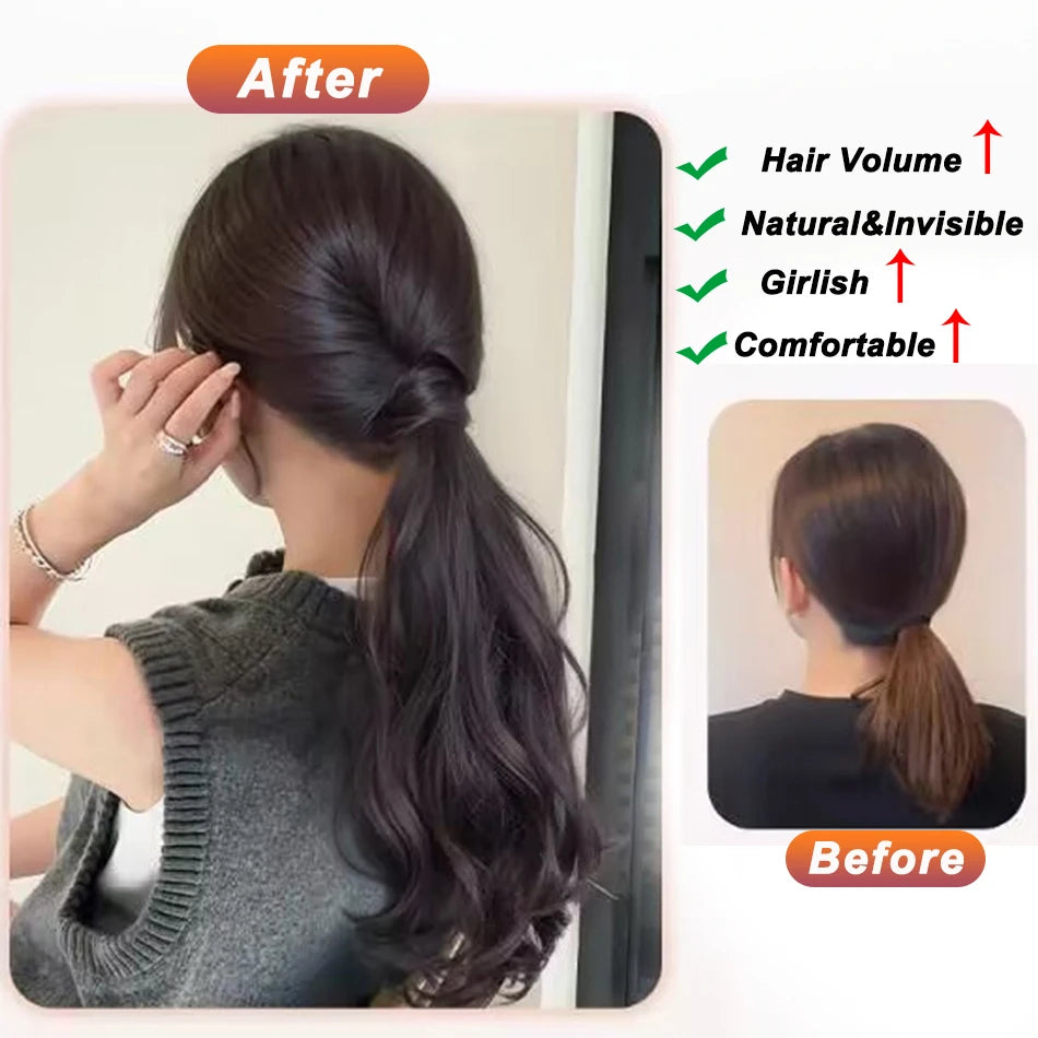 Long Curly Ponytail Hair Extensions with Elastic Band – Natural Dark Brown Synthetic Hair for Women