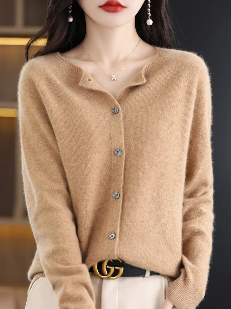 2024 New Chic Women's Basic O-neck Cardigan 100% Merino Wool Sweater Soft Grace Knitwear CoatSpring Autumn Female Clothes Tops