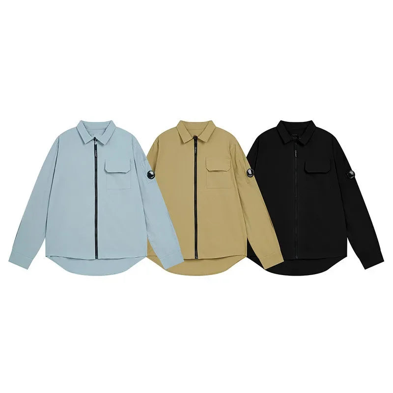 New Casual Minimalist Glasses Loose Long Sleeved Lapel Zipper Cardigan Shirt Youth Men's Shirt