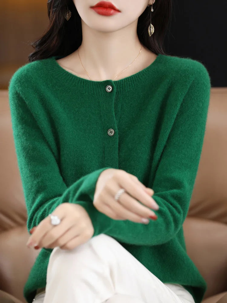 2024 New Chic Women's Basic O-neck Cardigan 100% Merino Wool Sweater Soft Grace Knitwear CoatSpring Autumn Female Clothes Tops