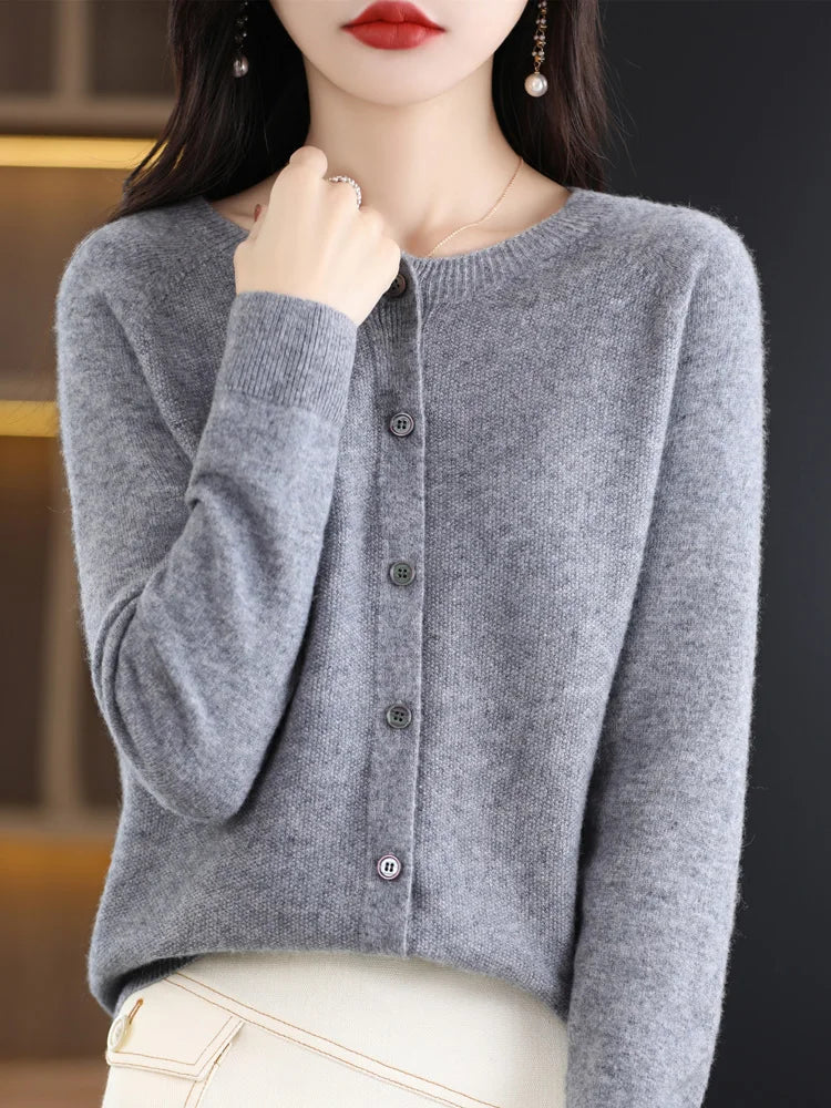 2024 New Chic Women's Basic O-neck Cardigan 100% Merino Wool Sweater Soft Grace Knitwear CoatSpring Autumn Female Clothes Tops