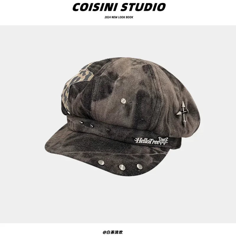 Y2K Personalized Star Sticker Rivet Design Berets Caps for Women Spring and Autumn Fashion Versatile Retro Tie-dye Newsboy Hats