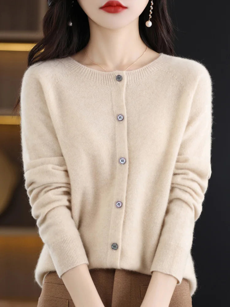 2024 New Chic Women's Basic O-neck Cardigan 100% Merino Wool Sweater Soft Grace Knitwear CoatSpring Autumn Female Clothes Tops