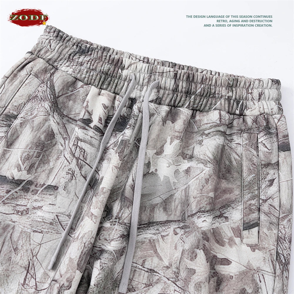 ZODF Autumn Winter Men 340gsm Fleece Straight Pants Unisex Baggy Branch Camouflage Printing Trousers Sweatpants HY1106